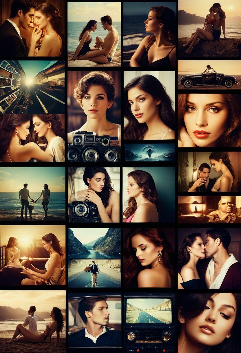 A visually captivating collage depicting the evolution of erotic videos and sensual media, featuring vintage film reels, modern digital screens, and diverse couples sharing intimate moments. The background utilizes soft, ambient lighting, creating a warm and inviting atmosphere. Incorporate symbols of exploration, such as a compass or map, to signify 'navigating'. The color palette is lush and rich, enhancing the sensual theme. super-realistic. vibrant colors. soft focus.