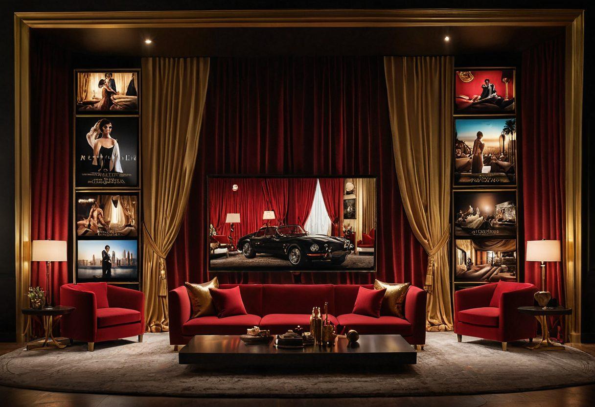 A captivating collage showcasing various forms of adult entertainment, featuring elegantly designed video thumbnails, soft lighting that creates an intimate ambiance, and sensual silhouettes surrounding a central screen displaying a play button. Include elements of glamour, such as plush red velvet curtains and subtle gold accents to evoke a luxurious feel. Emphasize diverse genres and styles, inviting the viewer into a world of exploration and discovery. vibrant colors. luxurious aesthetic. cinematic style.